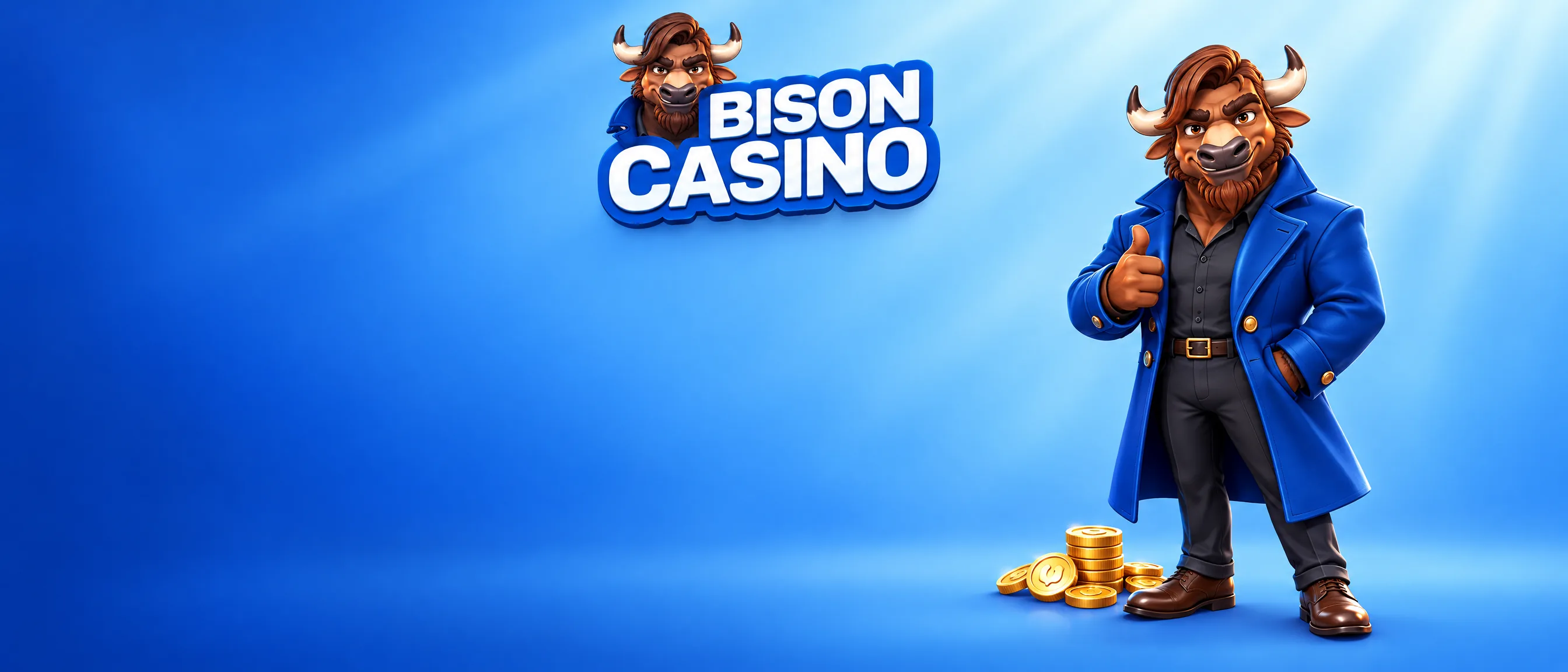 Bison Casino — niebieski baner z maskotką bizona